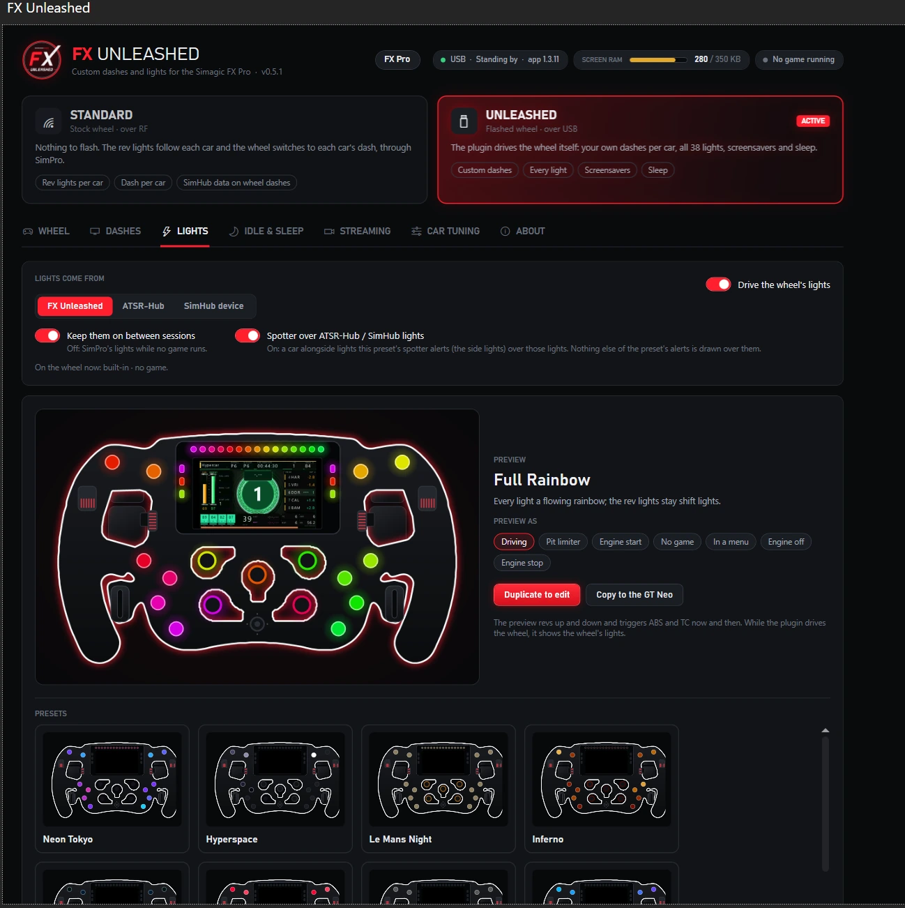 The Lights tab: where the lights come from (FX Unleashed, ATSR-Hub or a SimHub device), a preview of the Full Rainbow preset on the wheel, and the preset list.