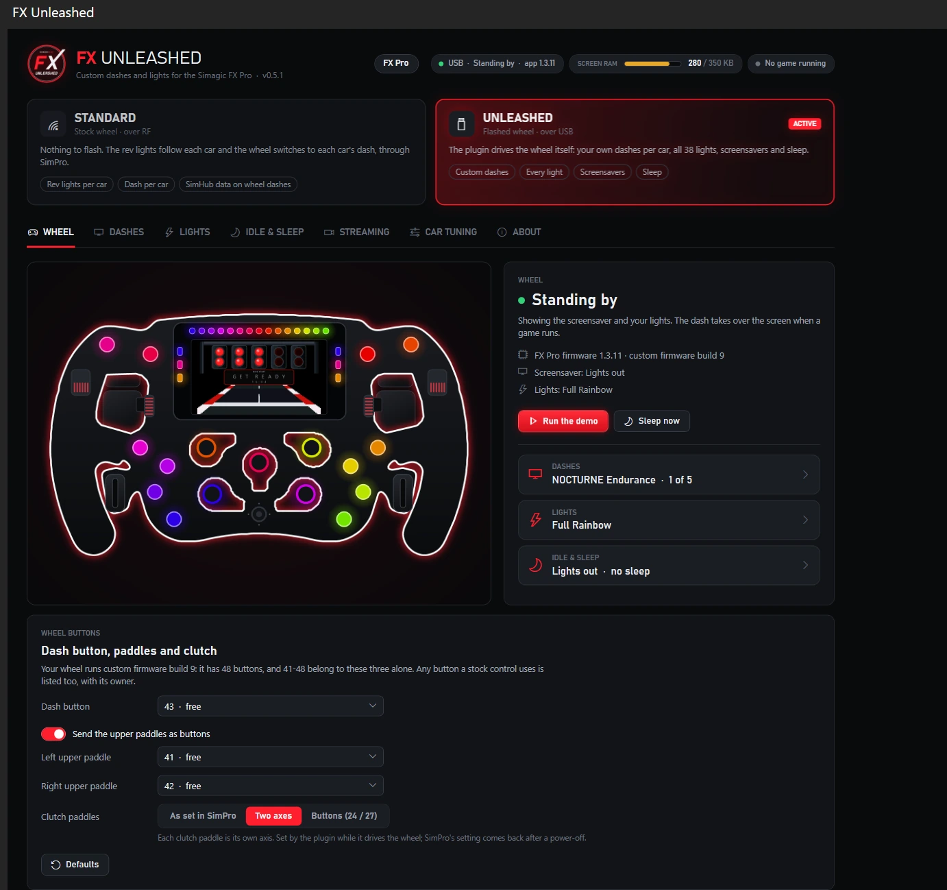The Wheel tab: a drawing of the FX Pro showing its lights and dash live, the wheel's status, and the dash button and paddle settings.